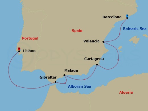 6 Night - Barcelona / Lisbon - Ilma - Starting in Barcelona, Valencia, Cartagena ES, Malaga, Gibraltar, Lisbon itinerary map