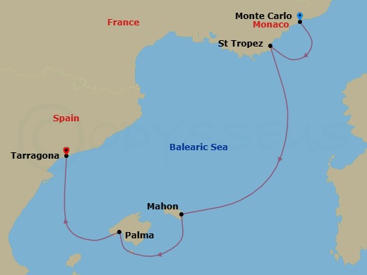 5 Night - Monte Carlo / Barcelona (Tarragona) - Evrima - Starting in Monte Carlo, Saint-Tropez, Mahon, Menorca, Balearic Islands, Palma de Mallorca, Mallorca, Balearic Islands, Barcelona (Tarragona) itinerary map