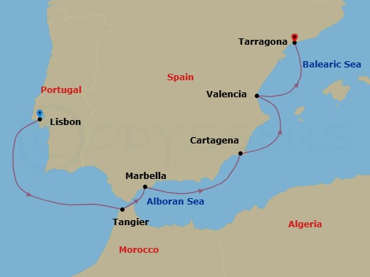6 Night - Lisbon / Barcelona (Tarragona) - Evrima - Starting in Lisbon, Tangier, Marbella, Cartagena ES, Valencia, Barcelona (Tarragona) itinerary map