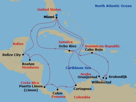 21 Night - Caribbean and Antilles - MSC Poesia - Starting in Miami, Florida, Oranjestad, Aruba, Kralendijk, Bonaire, Willemstad AN, Cabo Rojo, Dominican Republic, Ocho Rios, Jamaica, Miami, Florida, Ocho Rios, Jamaica, Cartagena CO, Colon, Panama, Puerto Limon, Costa Rica, Isla De Roatan, Honduras, Belize City, Belize, Miami, Florida itinerary map