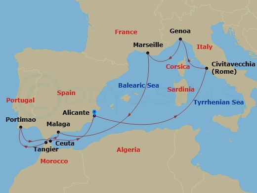 10 Night - Mediterranean - MSC Sinfonia - Starting in Alicante, Spain, Civitavecchia (Rome), Italy, Genoa (Portofino), Italy, Marseille (Provence), France, Malaga (Granada), Spain, Tangier (Tetouan), Morocco, Portimao, Portugal, Ceuta, Spain, Alicante, Spain itinerary map