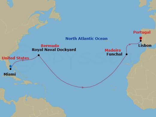 14 Night - Miami to Lisbon - Silver Ray - Starting in Miami, Fl, Royal Naval Dockyard, Bermuda, Funchal, Madeira, Lisbon itinerary map