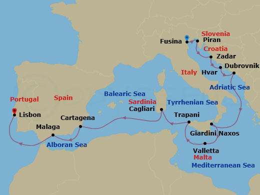 14 Night - Fusina to Lisbon - Silver Muse - Starting in Fusina (Venice), Piran, Zadar, Hvar, Dubrovnik, Croatia, Giardini Naxos (Sicily), Valletta, Trapani, Sicily, Cagliari (Sardinia), Cartagena ES, Spain, Malaga (Costa del Sol), Lisbon itinerary map