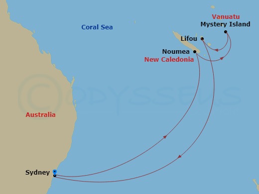 9 Night - Vanuatu & New Caledonia - Carnival Adventure - Starting in Sydney AU, Noumea, New Caledonia, Mystery Island, Vanuatu, Lifou, New Caledonia, Sydney AU itinerary map