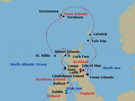 11 Night - Dublin to Edinburgh - Silver Wind - Starting in Dublin, Belfast, Iona, Lunga, Shiant Islands, Scotland, Loch Ewe, St Kilda, Torshavn, Faroe Islands, Vestmanna, Faroe Islands, Lerwick, Shetland Islands, Scotland, Fair Isle, Scotland, Lindisfarne Island, Farne Islands, Isle of May, Edinburgh (Leith) itinerary map