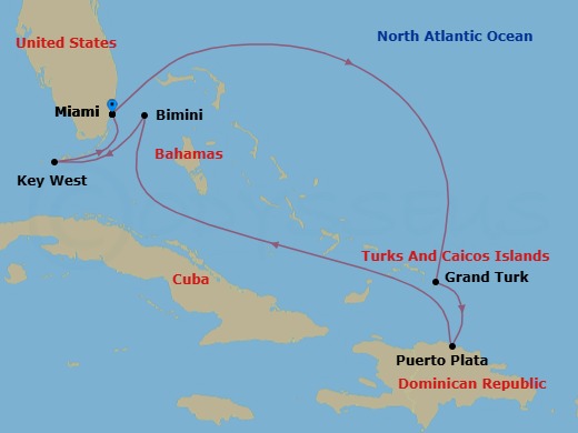 7 Night - Miami, Florida / Miami, Florida - Ilma - Starting in Miami, Florida, Grand Turk, Puerto Plata, Dominican Republic, Bimini, Key West, Florida, Miami, Florida itinerary map