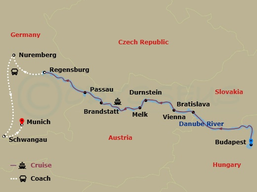 11 Night - Gems of the Danube with Best of Bavaria - Scenic Crystal - Starting in Budapest, Bratislava, Vienna, Durnstein / Melk, Brandstatt / Passau, Regensburg, Regensburg / Nuremberg, Nuremberg / Schwangau, Schwangau, Munich itinerary map