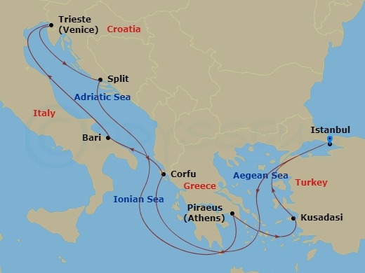 9 Night - Mediterranean - MSC Splendida - Starting in Istanbul, Turkey, Corfu, Greece, Bari, Italy, Trieste (Venice), Italy, Split, Croatia, Piraeus (Athens), Greece, Kusadasi, Turkey, Istanbul, Turkey itinerary map