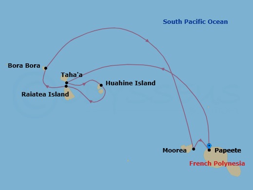 7 Night - Papeete, Tahiti / Papeete, Tahiti - Evrima - Starting in Papeete, Tahiti, Tahaa (Beach Day), Huahine (Marina Day), Raiatea, Bora Bora, Moorea, Papeete, Tahiti itinerary map