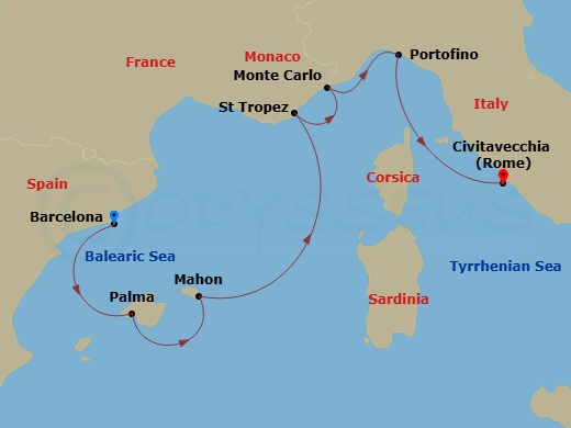 6 Night - Barcelona / Rome (Civitavecchia) - Evrima - Starting in Barcelona, Palma de Mallorca, Mallorca, Balearic Islands, Mahon, Menorca, Balearic Islands, Saint-Tropez, Monte Carlo, Portofino, Rome (Civitavecchia) itinerary map