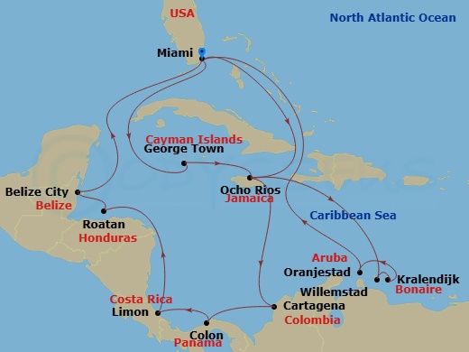 21 Night - Caribbean and Antilles - MSC Poesia - Starting in Miami, Florida, George Town, Cayman Islands, Ocho Rios, Jamaica, Willemstad AN, Kralendijk, Bonaire, Oranjestad, Aruba, Miami, Florida, Ocho Rios, Jamaica, Cartagena CO, Colon, Panama, Puerto Limon, Costa Rica, Roatan Island, Honduras, Belize City, Belize, Miami, Florida itinerary map
