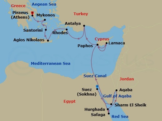 17 Night - Discover the Ancient Treasures of the Mediterranean & Red Sea - Emerald Kaia - Starting in Ain Sokhna, Egypt, Sharm El-Sheikh, Egypt, Aqaba, Jordan, Hurghada, Egypt, Safaga, Egypt, Transit through the Suez Canal, Paphos, Cyprus, Larnaca, Cyprus, Paphos, Cyprus, Antalya, Turkey, Rhodes, Greece, Agios Nikolaos, Greece, Santorini, Greece, Mykonos, Greece, Athens (Piraeus), Greece itinerary map