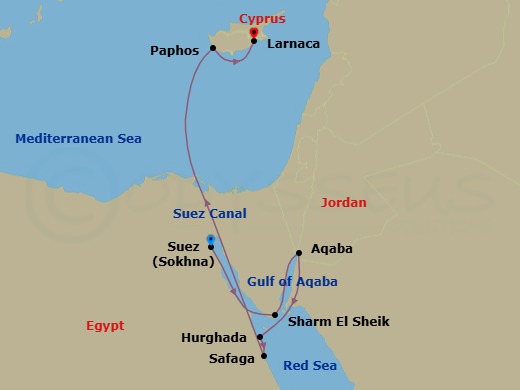 10 Night - Egypt to Cyprus via the Suez Canal - Emerald Kaia - Starting in Ain Sokhna, Egypt, Sharm El-Sheikh, Egypt, Aqaba, Jordan, Hurghada, Egypt, Safaga, Egypt, Transit through the Suez Canal, Paphos, Cyprus, Larnaca, Cyprus itinerary map