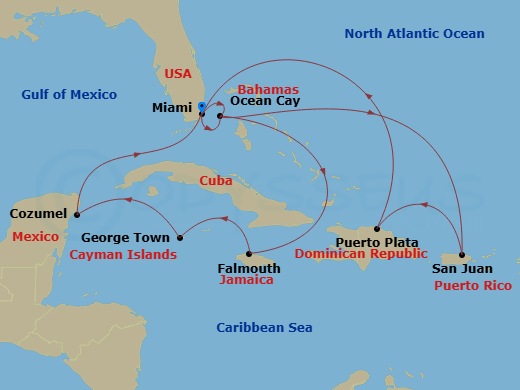 14 Night - Caribbean and Antilles - MSC Seaside - Starting in Miami, Florida, Ocean Cay Msc Marine Reserve, Bahamas, San Juan, Puerto Rico, Puerto Plata, Dominican Republic, Miami, Florida, Ocean Cay Msc Marine Reserve, Bahamas, Falmouth, Jamaica, George Town, Cayman Islands, Cozumel, Mexico, Miami, Florida itinerary map