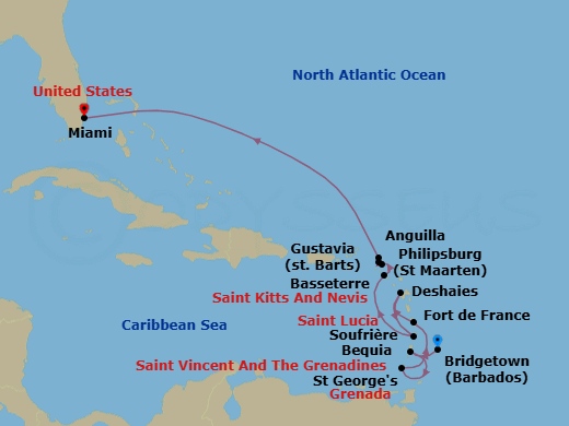 12 Night - Bridgetown to Miami - Silver Ray - Starting in Bridgetown, Bequia, St Georges, Fort-de-France, Deshaies, Soufriere, St Lucia, St Kitts (Basseterre), Philipsburg, St Maarten, Gustavia, St Barthelemy, Anguilla, Miami, Fl itinerary map