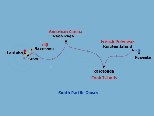 11 Night - South Pacific Splendor - Oceania Riviera - Starting in Papeete (Tahiti), Raiatea, Rarotonga, Pago Pago, Cross the International Date Line, Savusavu, Suva, Lautoka itinerary map
