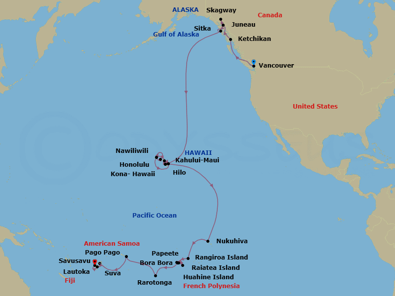 41 Night - South Pacific Passage - Oceania Riviera - Starting in Vancouver, Ketchikan, Cruising Holkham Bay Glacier Fjords, Juneau, Skagway, Sitka, Hilo, Kailua-Kona, Kahului, Nawiliwili, Honolulu, Nawiliwili, Hilo, Kailua-Kona, Nuku Hiva, Rangiroa, Raiatea, Huahine, Bora Bora, Papeete (Tahiti), Raiatea, Rarotonga, Pago Pago, Cross the International Date Line, Savusavu, Suva, Lautoka itinerary map