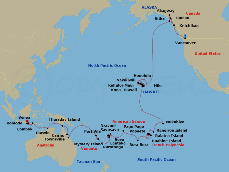 59 Night - Alaska to Asia Adventure - Oceania Riviera - Starting in Vancouver, Ketchikan, Cruising Holkham Bay Glacier Fjords, Juneau, Skagway, Sitka, Hilo, Kailua-Kona, Kahului, Nawiliwili, Honolulu, Nawiliwili, Hilo, Kailua-Kona, Nuku Hiva, Rangiroa, Raiatea, Huahine, Bora Bora, Papeete (Tahiti), Raiatea, Rarotonga, Pago Pago, Cross the International Date Line, Savusavu, Suva, Lautoka, Dravuni, Mystery Island, Port Vila (Efate), Townsville, Cairns, Thursday Island, Darwin, Komodo, Lombok (Lembar), Bali (Benoa) itinerary map