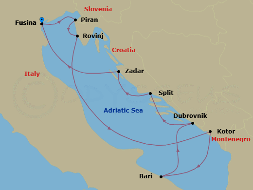 9 Night - Fusina to Fusina - Silver Muse - Starting in Fusina (Venice), Piran, Rovinj, Kotor, Bari, Dubrovnik, Croatia, Split, Zadar, Fusina (Venice) itinerary map