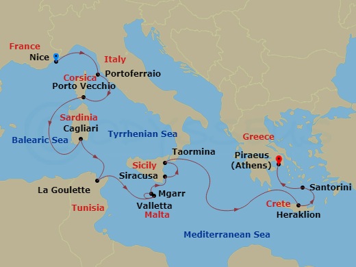 12 Night - Best of the Mediterranean Cruise : Valletta, Sicily & Crete - Azamara Journey - Starting in Nice, Portoferraio (Elba), Porto Vecchio, Corsica, Cagliari, Sardinia, La Goulette, Valletta, Mgarr, (Gozo), Siracusa, Sicily, Taormina (Giardini Naxos), Sicily, Heraklion, (Crete), Santorini, Athens (Piraeus) itinerary map