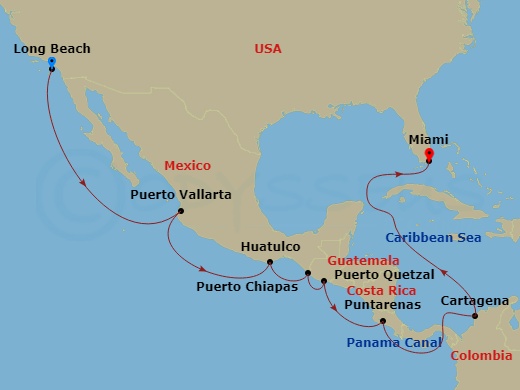 19 Night - Panama Canal Passage - Seabourn Quest - Starting in Long Beach, California, Puerto Vallarta, Mexico, Huatulco, Mexico, Puerto Chiapas, Mexico, Puerto Quetzal, Guatemala, Puntarenas (Puerto Caldera), Costa Rica, Enter Panama Canal Balboa, Cruising Panama Canal, Exit Panama Canal Cristobal, Cartagena CO, Miami, Florida itinerary map