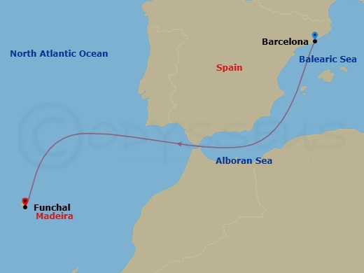 3 Night - Msc Grand Voyages - MSC Grandiosa - Starting in Barcelona, Spain, Funchal (Madeira Islands), Portugal itinerary map