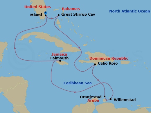 9 Night - Southern Caribbean - Miami - Norwegian Gem - Starting in Miami, Fl, Great Stirrup Cay, Bahamas, Cabo Rojo, Dominican Republic, Oranjestad, Aruba, Willemstad AN, Netherlands Antilles, Falmouth, Jamaica, Miami, Fl itinerary map