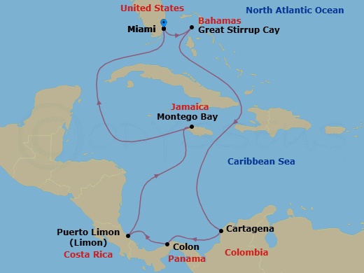 10 Night - Panama Canal - Miami - Norwegian Gem - Starting in Miami, Fl, Great Stirrup Cay, Bahamas, Cartagena CO, Panama Canal Gatun Lake, Panama, Colon, Panama, Puerto Limon, Costa Rica, Montego Bay, Jamaica, Miami, Fl itinerary map