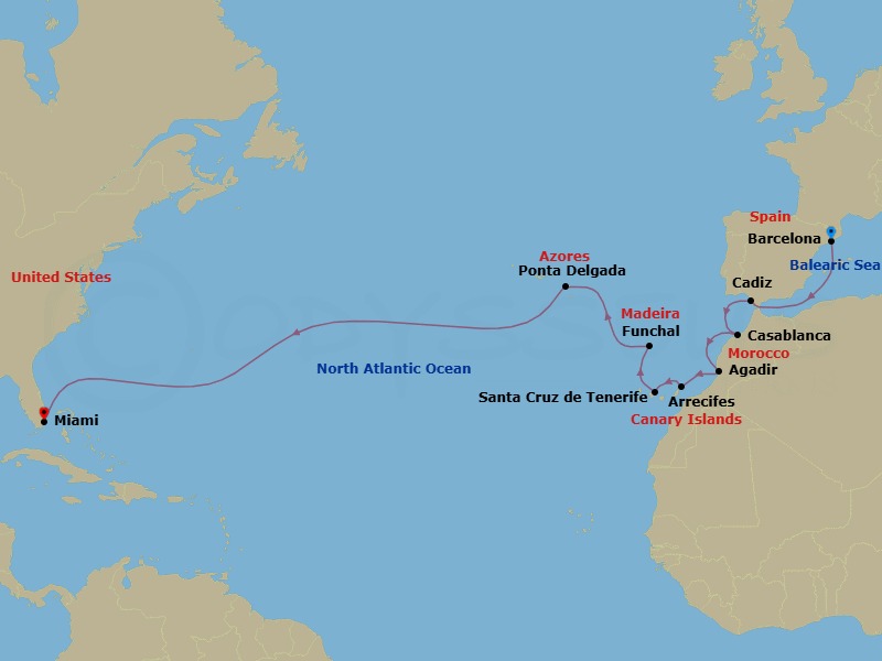 16 Night - Repo - Transatlantic - Norwegian Gem - Starting in Barcelona, Spain, Cadiz / Seville, Spain, Casablanca, Morocco, Agadir, Morocco, Arrecife, Spain, Santa Cruz de Tenerife, Funchal, Portugal, Ponta Delgada, Portugal, Miami, Fl itinerary map