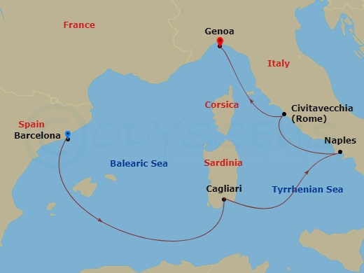 5 Night - Southern Europe from Barcelona to Genoa - Costa Toscana - Starting in Barcelona, Cagliari, Napoli, Civitavecchia (Rome), Genoa (Portofino) itinerary map