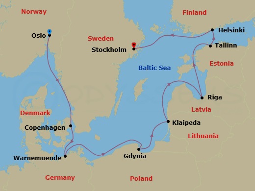 9 Night - Northern Europe - MSC Magnifica - Starting in Oslo, Norway, Copenhagen, Denmark, Warnemunde (Berlin), Germany, Gdynia (Gdansk), Poland, Klaipeda, Lithuania, Riga, Latvia, Tallinn, Estonia, Helsinki, Finland, Stockholm, Sweden itinerary map