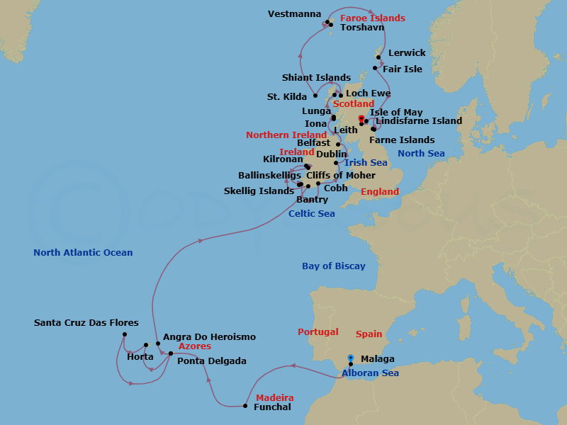 27 Night - Cruise from Malaga to Edinburgh - Silver Wind - Starting in Malaga, Funchal, Ponta Delgada, Horta, Santa Cruz das Flores, Ponta Delgada, Angra Do Heroismo, Bantry, Cliffs of Moher, Kilronan, Skellig Islands, Ballinskelligs, Cobh, Dublin, Belfast, Iona, Lunga, Shiant Islands, Loch Ewe, St Kilda, Torshavn, Vestmanna, Lerwick, Fair Isle, Lindisfarne Island, Farne Islands, Isle of May, Edinburgh itinerary map