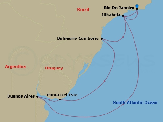 9 Night - South America - MSC Splendida - Starting in Rio De Janeiro, Brazil, Ilhabela, Brazil, Camboriu, Brazil, Punta Del Este, Uruguay, Buenos Aires, Argentina, Ilhabela, Brazil, Rio De Janeiro, Brazil itinerary map
