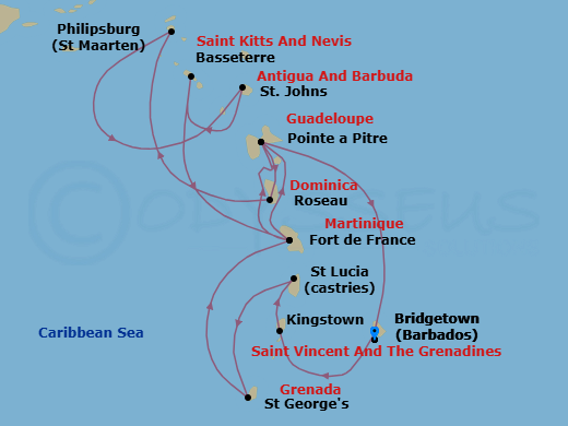 14 Night - South Caribbean - MSC Meraviglia - Starting in Bridgetown, Barbados, Kingstown, St Vincent and the Grenadines, Port Castries, Saint Lucia, Saint Georges, Granada, Fort-de-France, Martinique, Pointe-A-Pitre, Guadeloupe, Roseau, Dominica, Philipsburg, St Maarten, St Johns AG, Antigua, Basseterre, St Kitts and Nevis, Fort-de-France, Martinique, Pointe-A-Pitre, Guadeloupe, Bridgetown, Barbados itinerary map