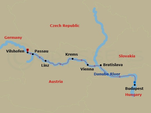 7 Night - Magna On the Danube - AmaMagna - Starting in Budapest, Bratislava, Vienna, Krems, Linz, Passau, Vilshofen itinerary map