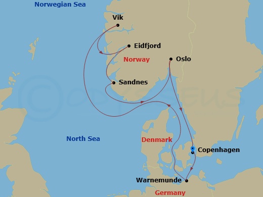 7 Night - Northern Europe - MSC Magnifica - Starting in Copenhagen, Denmark, Warnemunde (Berlin), Germany, Vik i Sogn, Norway, Eidfjord, Norway, Sandnes, Norway, Oslo, Norway, Copenhagen, Denmark itinerary map