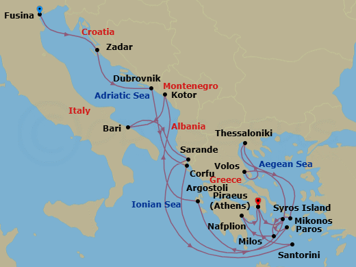 21 Night - An Extended Journey Across Stories, Shores & Changing Seasl - EXPLORA II - Starting in Fusina (Venice), Zadar, Dubrovnik, Croatia, Corfu, Volos, Thessaloniki, Mykonos, Milos, Nafplion, Piraeus (Athens), Syros (Syra), Paros, Argostoli, Kotor, Bari, Sarande, Santorini, Piraeus (Athens) itinerary map