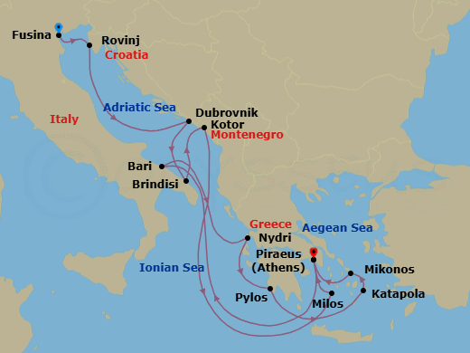 14 Night - An Extended Journey of Sunlit Shores & Quiet Seas - EXPLORA II - Starting in Fusina (Venice), Rovinj, Dubrovnik, Croatia, Brindisi, Kotor, Milos, Piraeus (Athens), Bari, Nydri, Lefkada, Pylos, Katapola, Mykonos, Piraeus (Athens) itinerary map