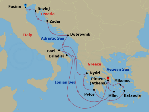 14 Night - An Extended Journey Between Quiet Coasts & Luminous Isles - EXPLORA II - Starting in Fusina (Venice), Rovinj, Zadar, Dubrovnik, Croatia, Brindisi, Milos, Piraeus (Athens), Mykonos, Katapola, Pylos, Nydri, Lefkada, Bari, Piraeus (Athens) itinerary map