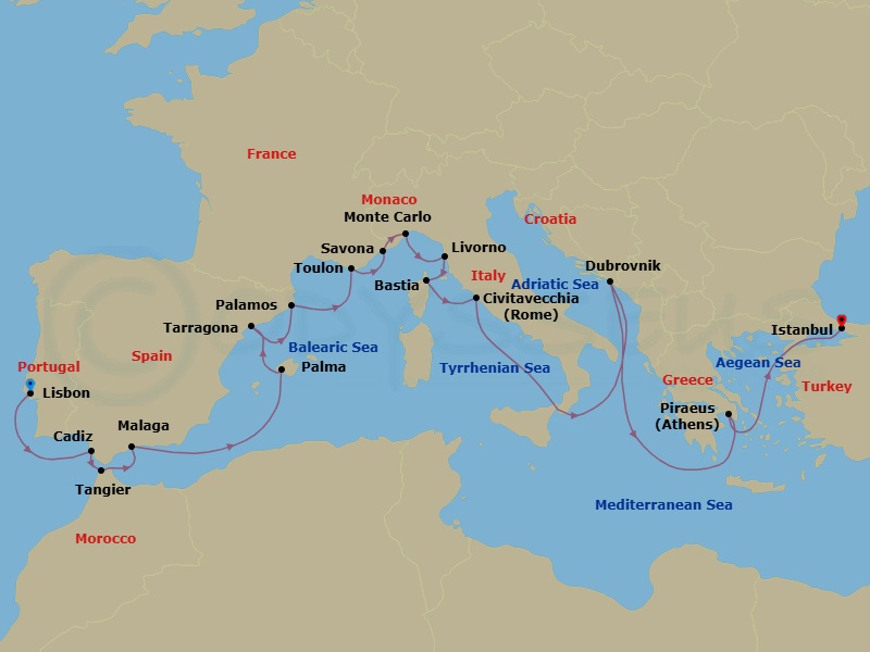 23 Night - Coastal Harmony - Seven Seas Splendor - Starting in Lisbon, Cruising the Atlantic Ocean, Cadiz, Tangier, Malaga, Cruising the Mediterranean Sea, Palma De Mallorca, Barcelona (Tarragona), Palamos, Toulon, Monte Carlo, Savona, Tuscany (Livorno), Bastia (Corsica), Rome (Civitavecchia), Cruising the Ionian Sea, Dubrovnik, Croatia, Cruising the Ionian Sea, Athens (Piraeus), Cruising the Aegean Sea, Istanbul itinerary map