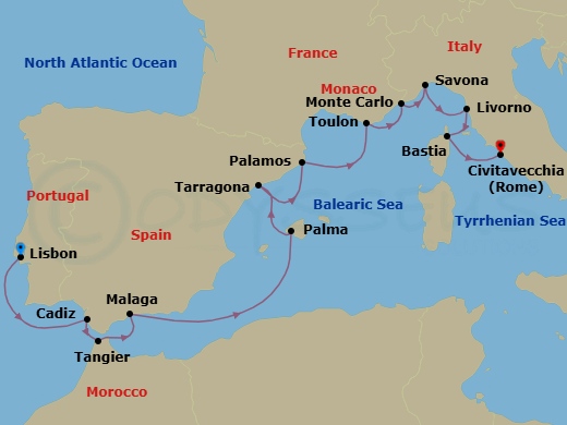 14 Night - Sublime Spain - Seven Seas Splendor - Starting in Lisbon, Cruising the Atlantic Ocean, Cadiz, Tangier, Malaga, Cruising the Mediterranean Sea, Palma De Mallorca, Barcelona (Tarragona), Palamos, Toulon, Monte Carlo, Savona, Tuscany (Livorno), Bastia (Corsica), Rome (Civitavecchia) itinerary map