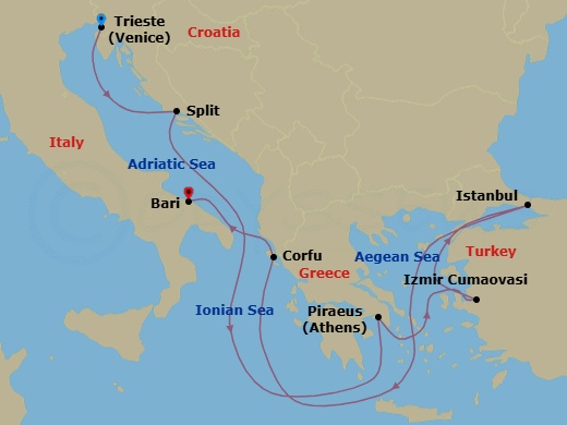 8 Night - Mediterranean - MSC Splendida - Starting in Trieste (Venice), Italy, Split, Croatia, Piraeus (Athens), Greece, Izmir (Ephesus), Turkey, Istanbul, Turkey, Corfu, Greece, Bari, Italy itinerary map