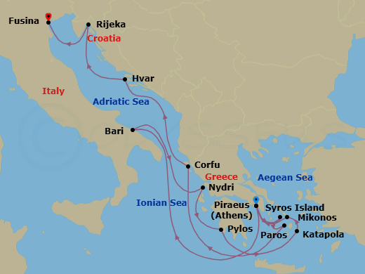 14 Night - An Extended Journey of Hidden Greece & Adriatic Edges - EXPLORA II - Starting in Piraeus (Athens), Bari, Nydri, Lefkada, Pylos, Katapola, Mykonos, Piraeus (Athens), Syros (Syra), Paros, Corfu, Hvar, Rijeka, Fusina (Venice) itinerary map