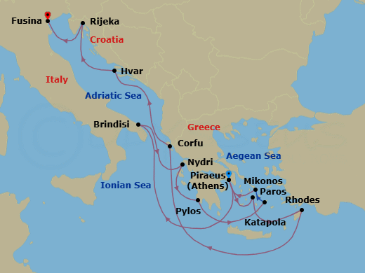 14 Night - An Extended Journey of Island Rhythms & Adriatic Echoes - EXPLORA II - Starting in Piraeus (Athens), Brindisi, Nydri, Lefkada, Pylos, Katapola, Mykonos, Piraeus (Athens), Paros, Rhodes, Corfu, Hvar, Rijeka, Fusina (Venice) itinerary map
