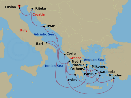 14 Night - An Extended Journey of Island Light & Adriatic Horizons - EXPLORA II - Starting in Piraeus (Athens), Mykonos, Katapola, Pylos, Nydri, Lefkada, Bari, Piraeus (Athens), Paros, Rhodes, Corfu, Hvar, Rijeka, Fusina (Venice) itinerary map