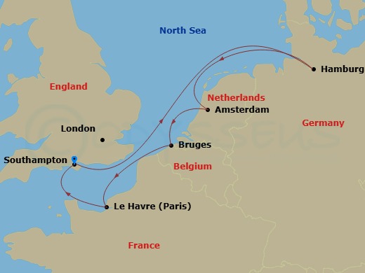 7 Night - Northern Europe - MSC Preziosa - Starting in Southampton (London), United Kingdom, Hamburg, Germany, Amsterdam, Netherlands, Zeebrugge (Bruges), Belgium, Le Havre (Paris), France, Southampton (London), United Kingdom itinerary map