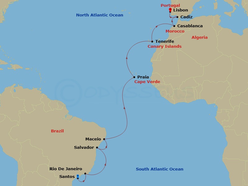 17 Night - Transatlantic from Santos - Costa Diadema - Starting in Santos, Rio De Janeiro, Salvador Bahia, Maceio, Praia, Santa Cruz de Tenerife, Casablanca, Cadice, Lisbon itinerary map
