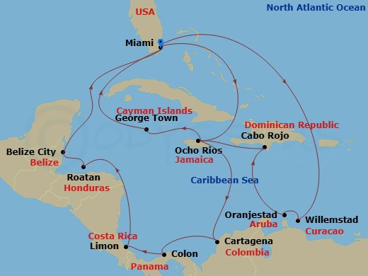 21 Night - Caribbean and Antilles - MSC Poesia - Starting in Miami, Florida, Ocho Rios, Jamaica, Cartagena CO, Colombia, Colon, Panama, Puerto Limon, Costa Rica, Isla De Roatan, Honduras, Belize City, Belize, Miami, Florida, Willemstad AN, Oranjestad, Aruba, Cabo Rojo, Dominican Republic, Ocho Rios, Jamaica, George Town, Cayman Islands, Miami, Florida itinerary map