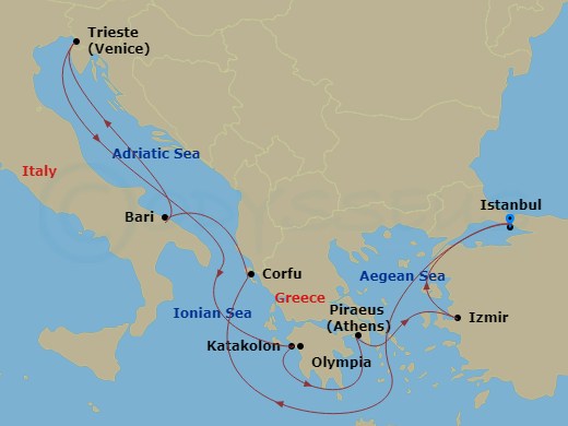 9 Night - Mediterranean - MSC Fantasia - Starting in Istanbul, Turkey, Corfu, Greece, Bari, Italy, Trieste (Venice), Italy, Katakolon (Olympia), Greece, Piraeus (Athens), Greece, Izmir (Ephesus), Turkey, Istanbul, Turkey itinerary map