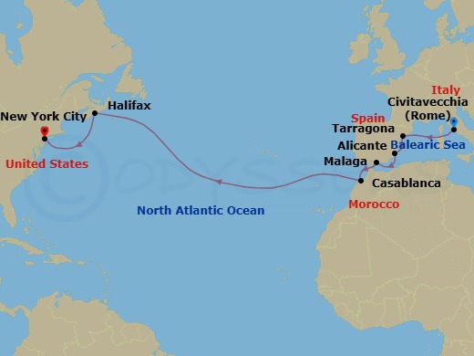 14 Night - Splendid Atlantic Sojourn - Seven Seas Splendor - Starting in Rome (Civitavecchia), Cruising the Mediterranean Sea, Barcelona (Tarragona), Alicante, Malaga, Casablanca, Cruising the Atlantic Ocean, Halifax, Cruising the Atlantic Ocean, New York itinerary map